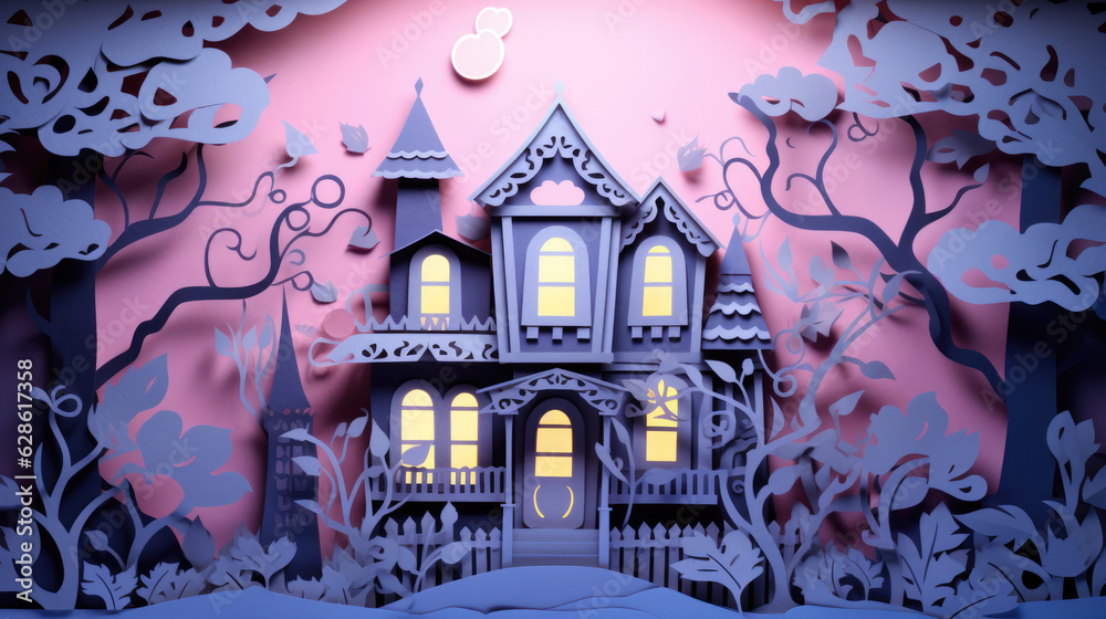 old house in the woods made in Paper Art for Halloween concept