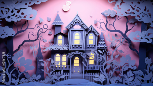 old house in the woods made in Paper Art for Halloween concept