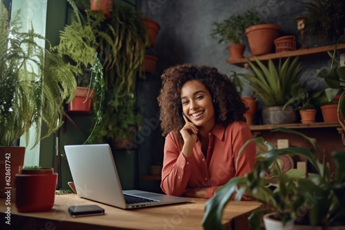 Beautiful young smiling woman with curly hair working on laptop and drinking coffee sitting at cafe. Generative AI