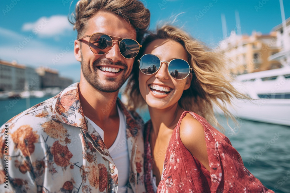 Young valentine couple in love outdoor.Outdoor closeup fashion portrait of young beautiful stylish couple in summer on the sea pier. Fun and smile. Romantic Sunset together. Generative AI