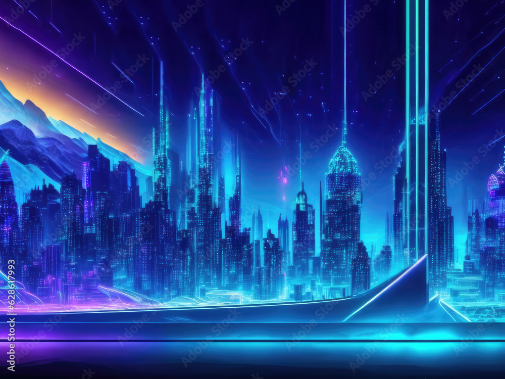 llustration with night futuristic city illuminated by bright neon lights in cyberpunk style. For banners, covers, backgrounds and other modern projects.
