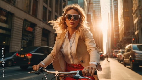 Portrait of a confident young woman commuting, riding bicycle on a sunny urban street. Beautiful blond woman riding her bicycle to work. Generative AI