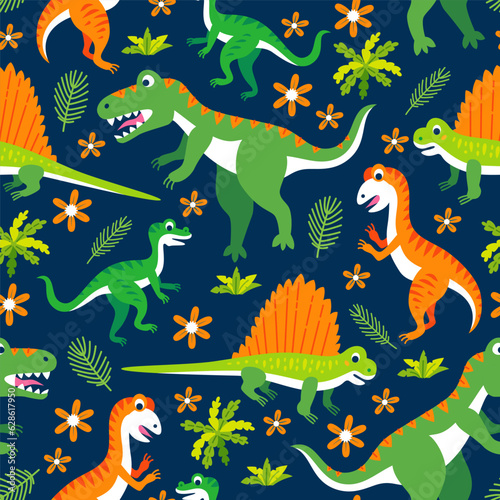 Childish seamless pattern with funny dinosaurs in cartoon. Ideal for cards, invitations, party, banners, kindergarten, baby shower, for fabric, textile, preschool and children room decoration © Pictulandra