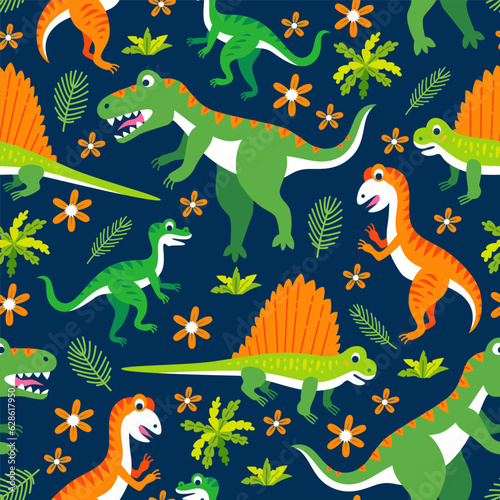 Childish seamless pattern with funny dinosaurs in cartoon. Ideal for cards  invitations  party  banners  kindergarten  baby shower  for fabric  textile  preschool and children room decoration