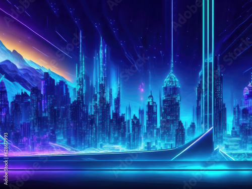llustration with night futuristic city illuminated by bright neon lights in cyberpunk style. For banners  covers  backgrounds and other modern projects.