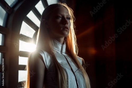 a woman with long hair standing in front of a window
