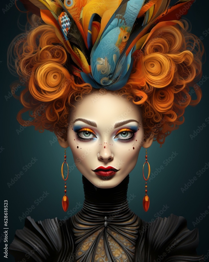 a woman with orange hair and feathers on her head a woman with orange hair and feathers on her head