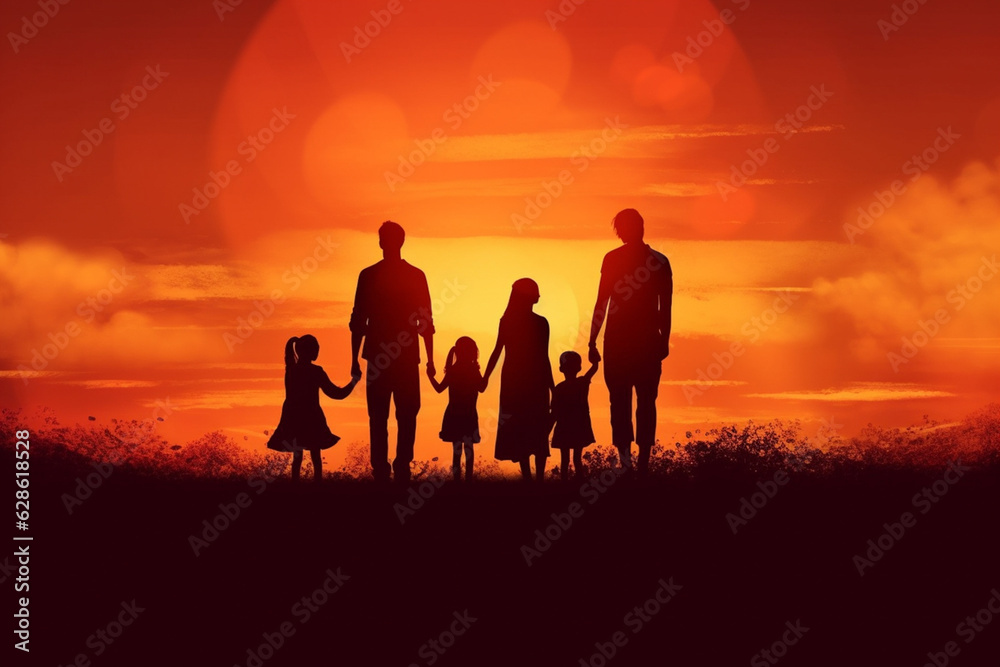 silhouette of a happy family with children on nature Generative AI