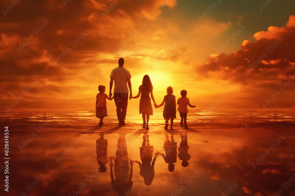 silhouette of a happy family with children on nature Generative AI