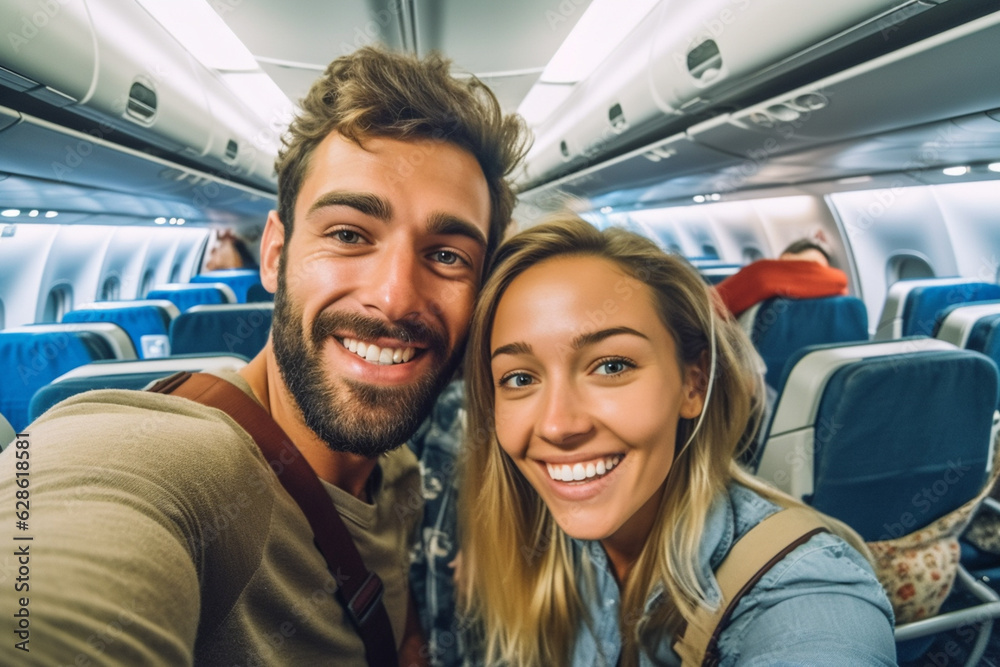 Young handsome couple taking a selfie on the airplane during flight around the world. They are a man and a woman, smiling and looking at camera. Travel, happiness and lifestyle Generative AI Young handsome couple taking a selfie on the airplane during flight around the world. They are a man and a woman, smiling and looking at camera. Travel, happiness and lifestyle Generative AI
