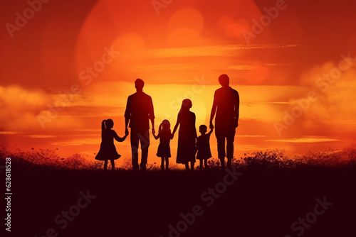silhouette of a happy family with children on nature Generative AI