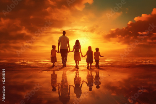 silhouette of a happy family with children on nature Generative AI