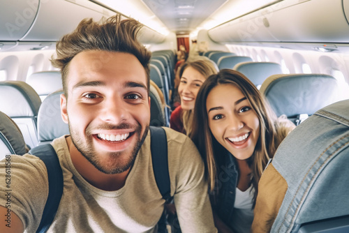 Young handsome couple taking a selfie on the airplane during flight around the world. They are a man and a woman, smiling and looking at camera. Travel, happiness and lifestyle Generative AI