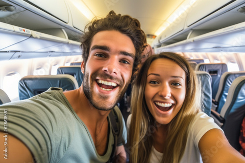 Young handsome couple taking a selfie on the airplane during flight around the world. They are a man and a woman, smiling and looking at camera. Travel, happiness and lifestyle Generative AI © Nataliia