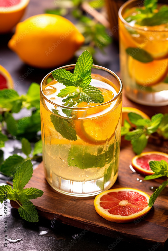 refreshing drink in a glass with orange and mint on a wooden board on a white background close-up Generative AI refreshing drink in a glass with orange and mint on a wooden board on a white background close-up Generative AI