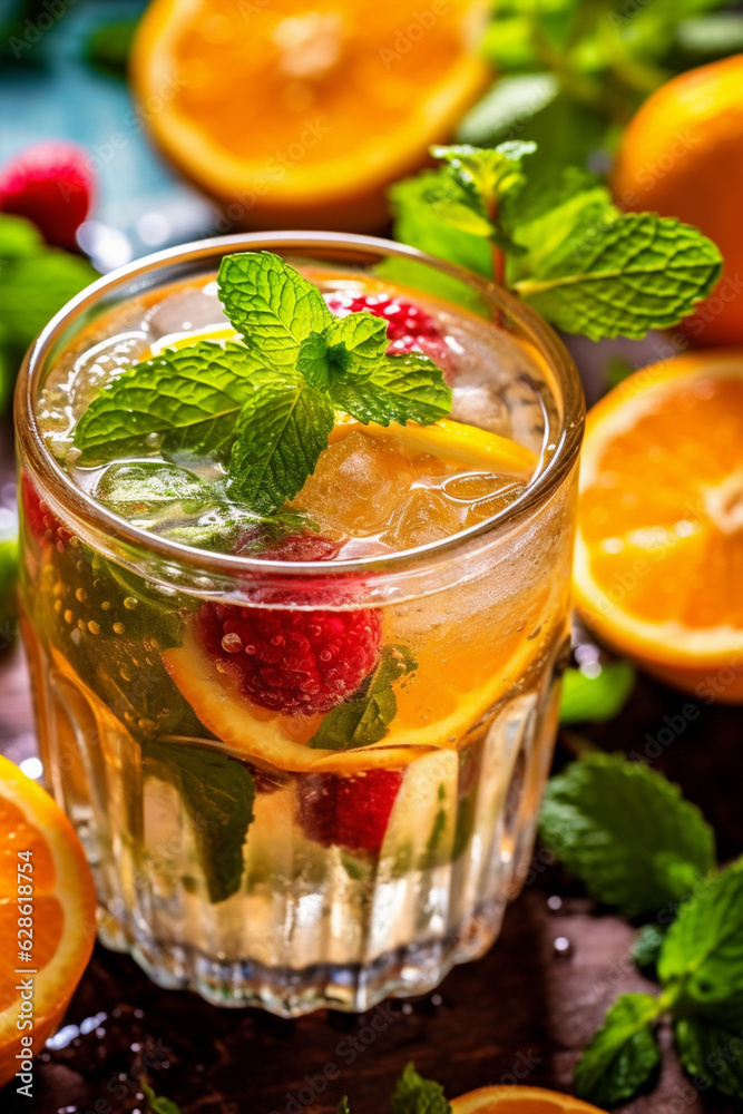 refreshing drink in a glass with orange and mint on a wooden board on a white background close-up Generative AI refreshing drink in a glass with orange and mint on a wooden board on a white background close-up Generative AI