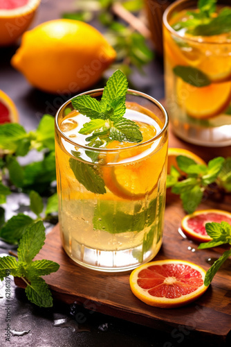 refreshing drink in a glass with orange and mint on a wooden board on a white background close-up Generative AI