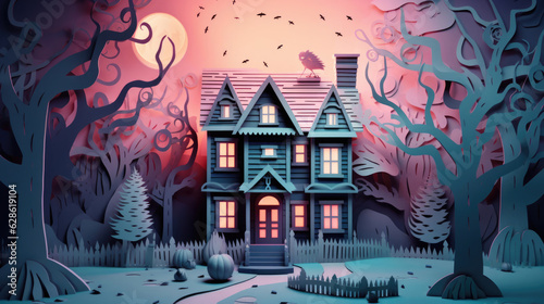 haunted house in the woods made in Paper Art for Halloween concept
