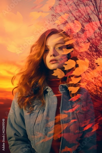 a woman with red hair is in front of an autumn sunset