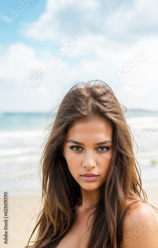  immagine ritratto primo piano di giovane donna, capelli lunghi castani, sguardo verso l'osservatore, abbronzatura, sfondo con mare e spiaggia, giornata luminosa