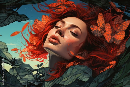 a woman with red hair is surrounded by butterflies