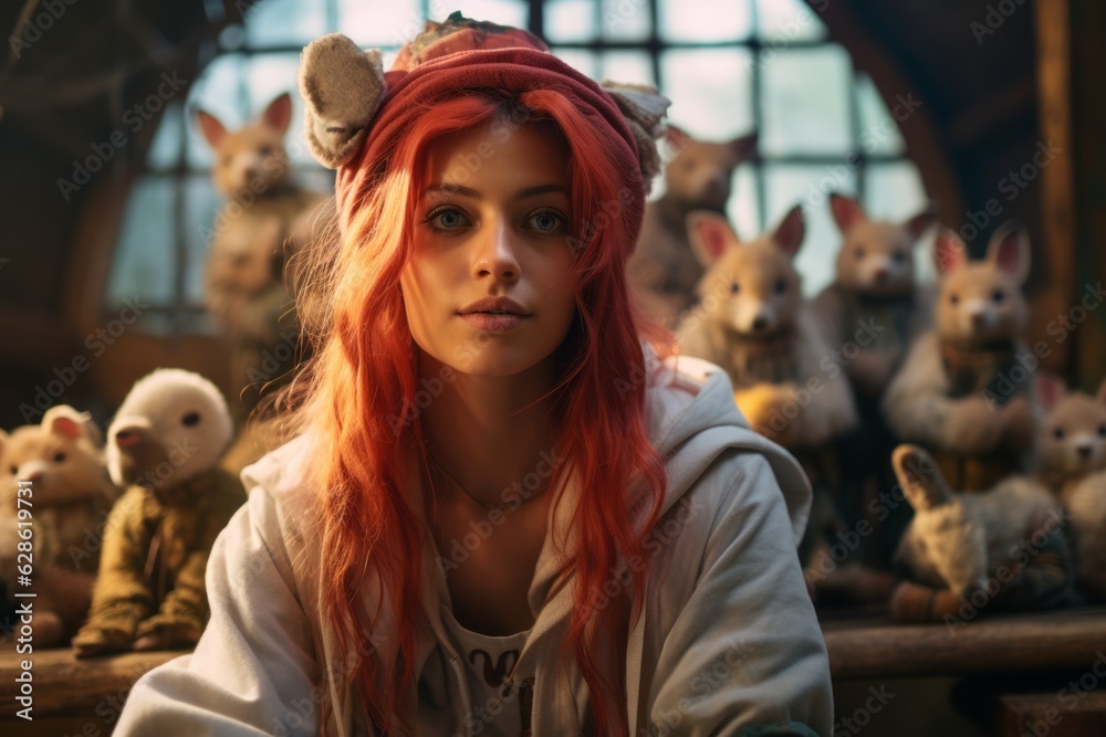 a woman with red hair sitting in front of stuffed animals a woman with red hair sitting in front of stuffed animals