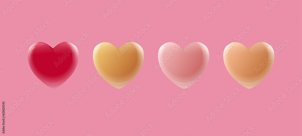 Set of pastel matte hearts isolated on rose background. Vector illustration. 3d pastel golden love symbol. Valentin holiday icon, concept header pattern, glossy balloon, copper bronze color