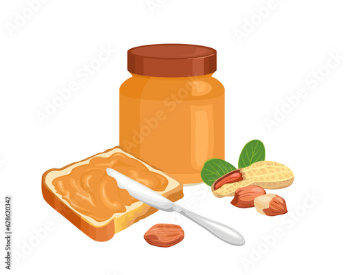 Peanut butter spread on piece of toast bread, knife, glass jar and heap of nuts isolated on white background. Vector illustration in cartoon flat style.