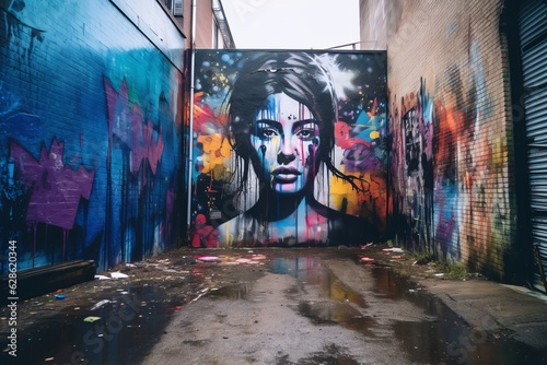 a womans face is painted on a wall in an alley