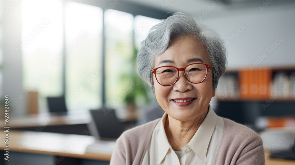 Smiling mature senior businesswoman in the office close-up Smiling mature senior businesswoman in the office close-up