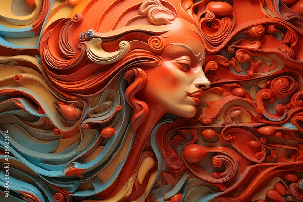 a womans face is surrounded by swirls of red and orange a womans face is surrounded by swirls of red and orange