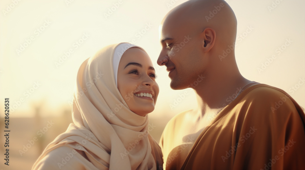 Happy couple in love muslim woman and bald guy