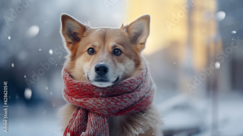 Dog on a winter background in a scarf and hat