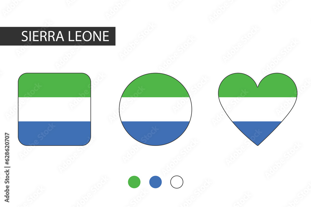 Sierra Leone 3 shapes (square, circle, heart) with city flag. Isolated on white background. Sierra Leone 3 shapes (square, circle, heart) with city flag. Isolated on white background.