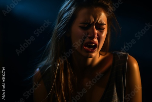 a young woman is crying in a dark room