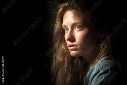 a young woman looking out the window in the dark