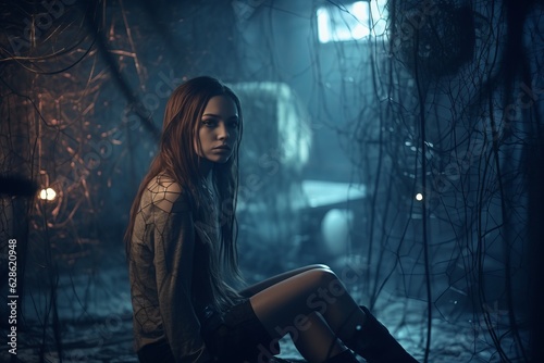 a young woman sitting in the woods at night
