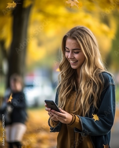 a young woman smiles while using her cell phone in the fall