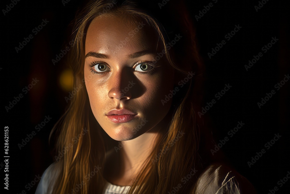 a young woman with long hair in the dark