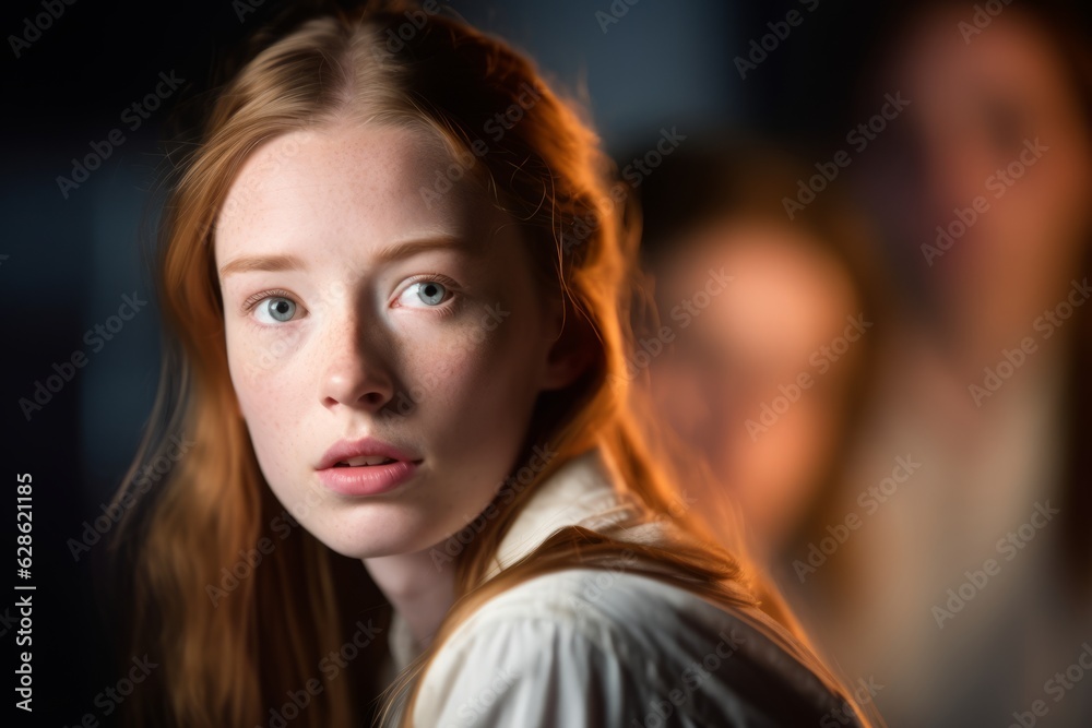 a young woman with red hair staring at the camera