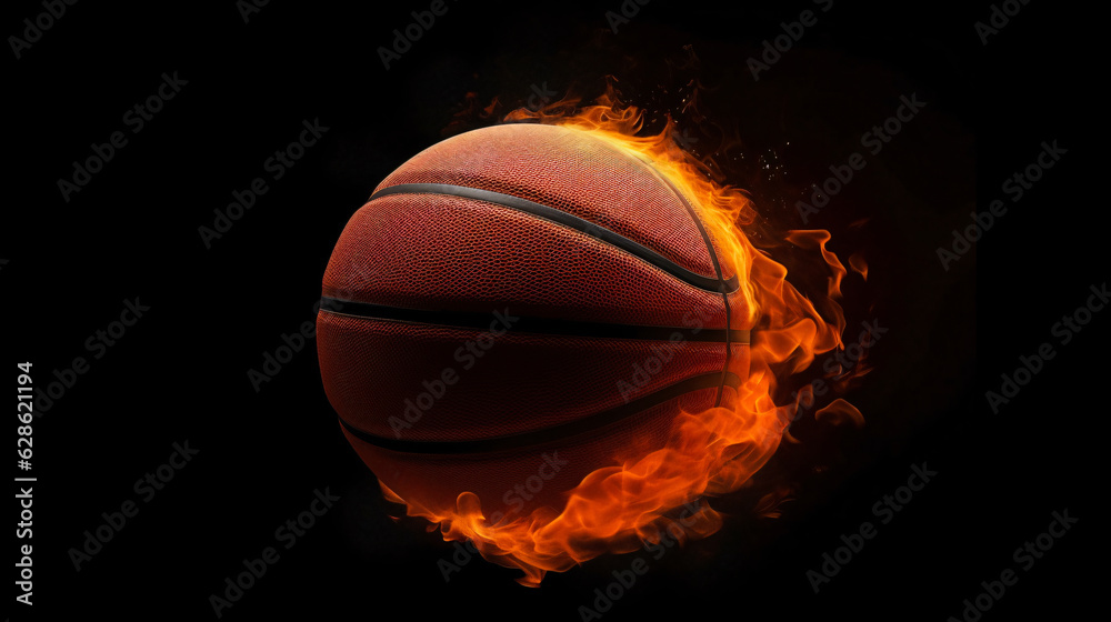 Basketball ball moving fast through on fire in Dark Background.