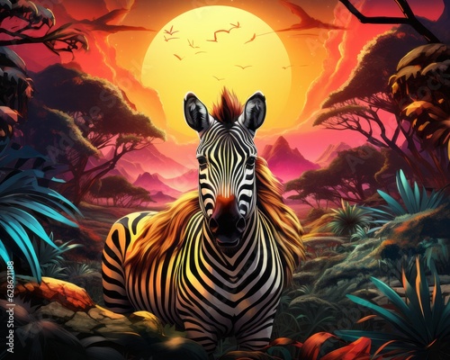 a zebra standing in the middle of a jungle at sunset