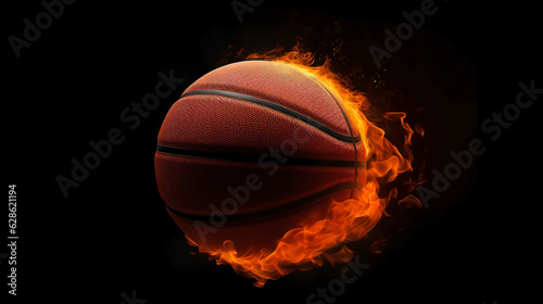Basketball ball moving fast through on fire in Dark Background. © samyvas