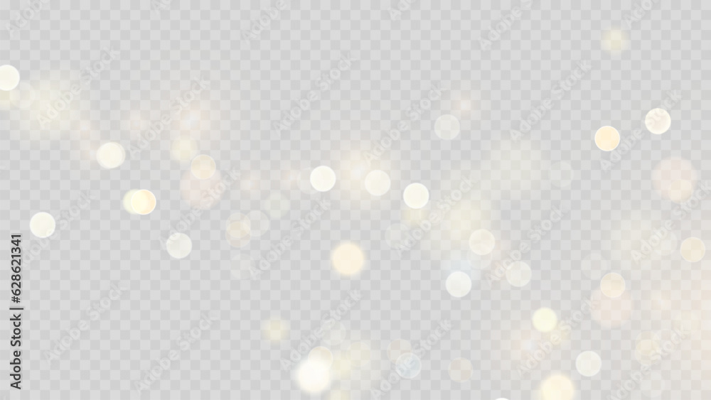 Golden dust light png. Christmas glowing bokeh confetti and sparkle overlay texture for your design. Stock royalty free vector illustration. PNG	