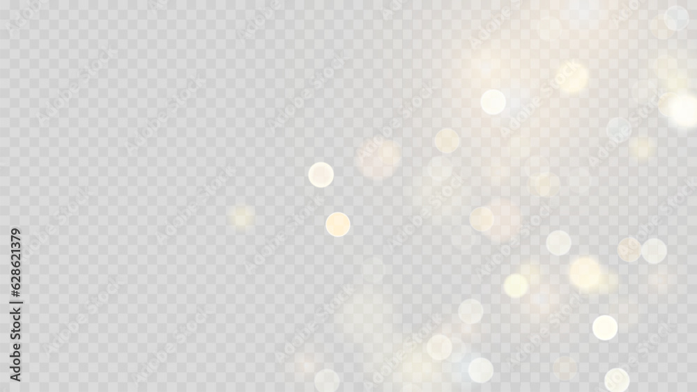 Golden dust light png. Christmas glowing bokeh confetti and sparkle overlay texture for your design. Stock royalty free vector illustration. PNG	