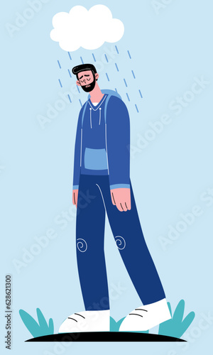 The illustration portrays a sad, lonely bearded man walking in the rain.  Vector illustration in flat cartoon style.