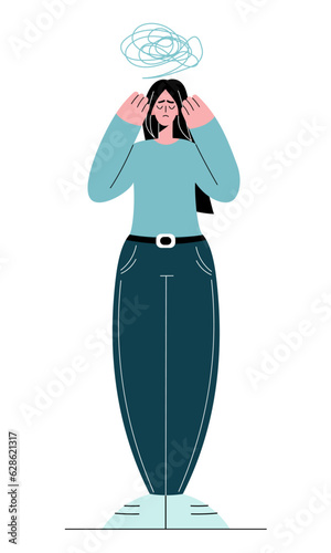 Girl in Stress and Depression. Depressed woman with Bewildered Thoughts in Mind Feel Unhappy Emotions, Mental Disease. Vector illustration in flat cartoon style.