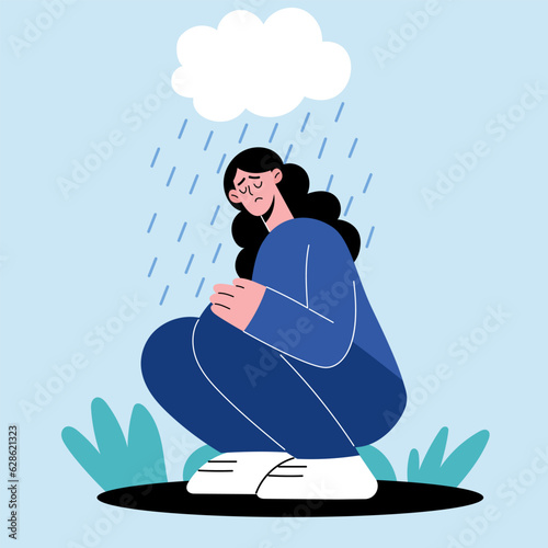 The illustration depicts a melancholic, solitary girl sitting under the rain.  Vector illustration in flat cartoon style.