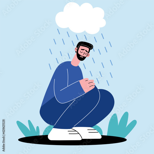 The illustration depicts a melancholic, solitary bearded man sitting under the rain.  Vector illustration in flat cartoon style.