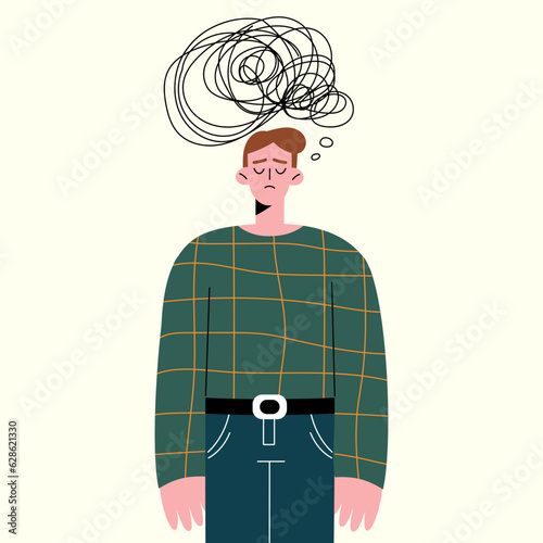 Man in Stress and Depression. Depressed boy with Bewildered Thoughts in Mind Feel Unhappy Emotions, Mental Disease.  Vector illustration in flat cartoon style.